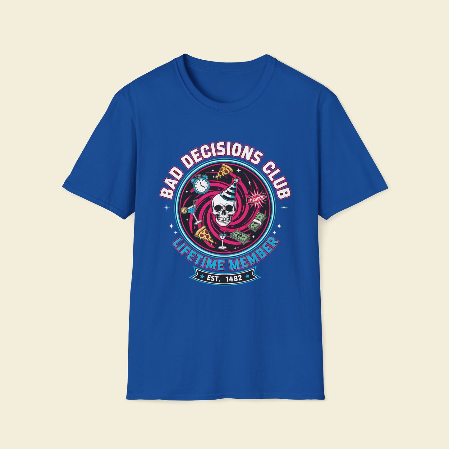 Bad Decisions Club – Retro Party Badge Tee Royal
