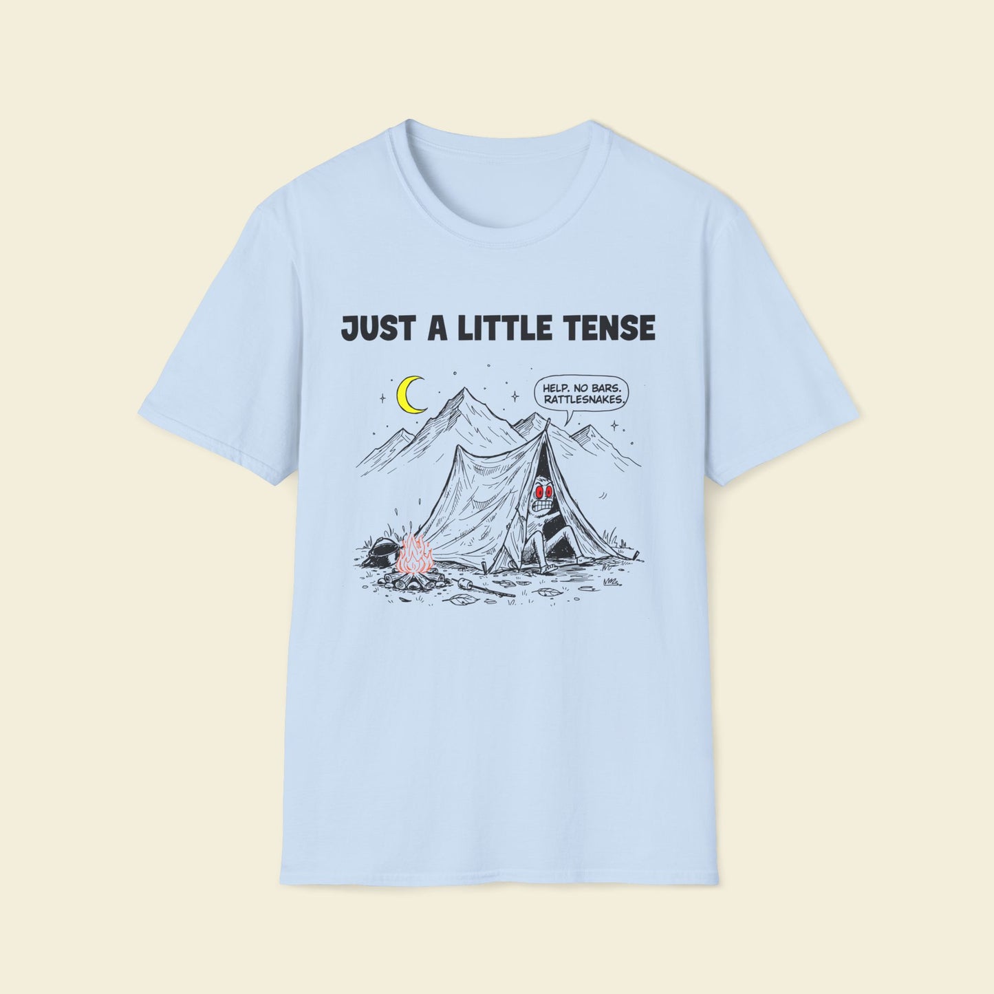 Just a Little Tense – Retro Camping Satire Tee Light Blue