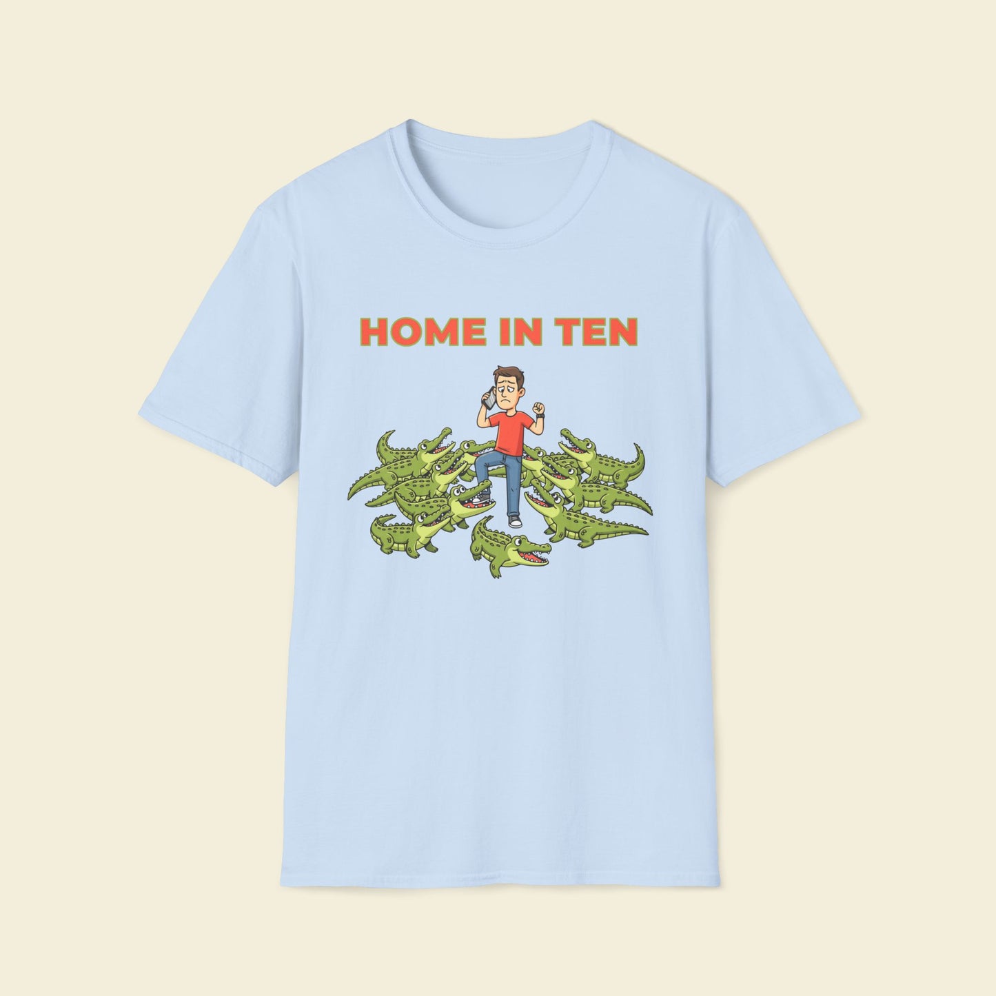 Home in Ten – Cartoon Adventure Humor Tee Light Blue