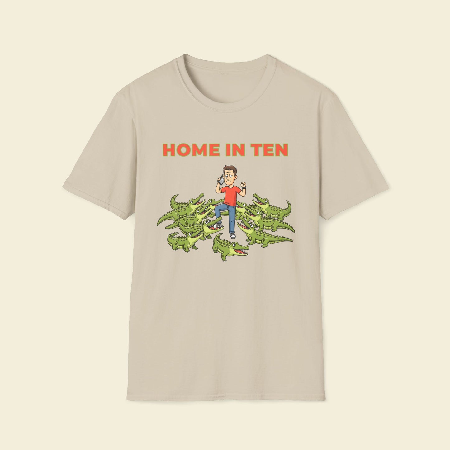 Home in Ten – Cartoon Adventure Humor Tee Sand