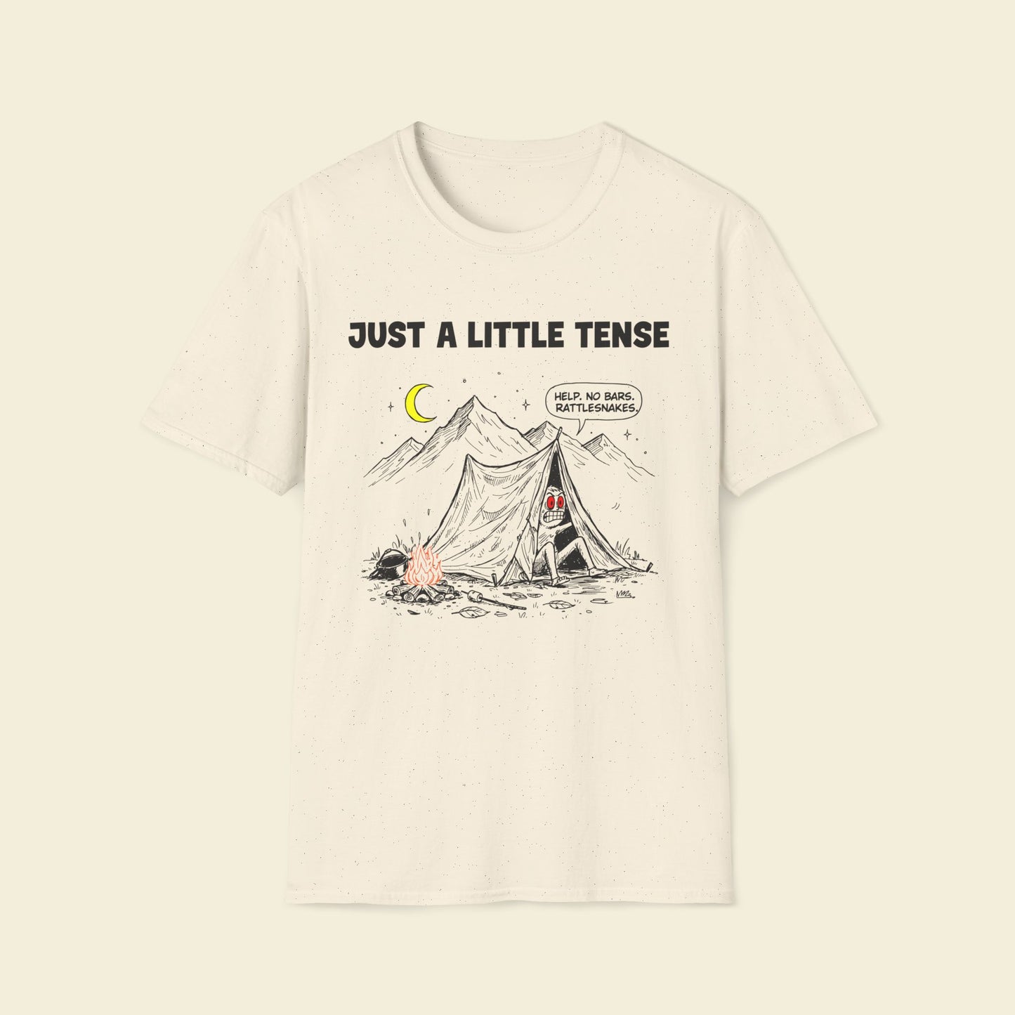 Just a Little Tense – Retro Camping Satire Tee Natural