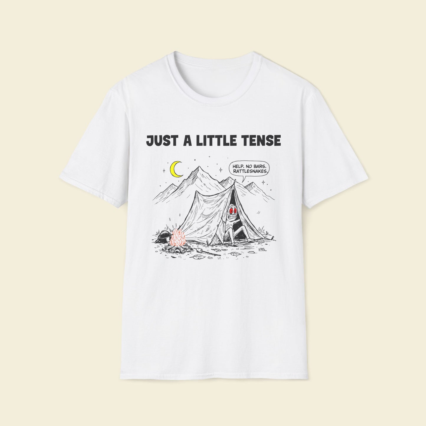Just a Little Tense – Retro Camping Satire Tee White