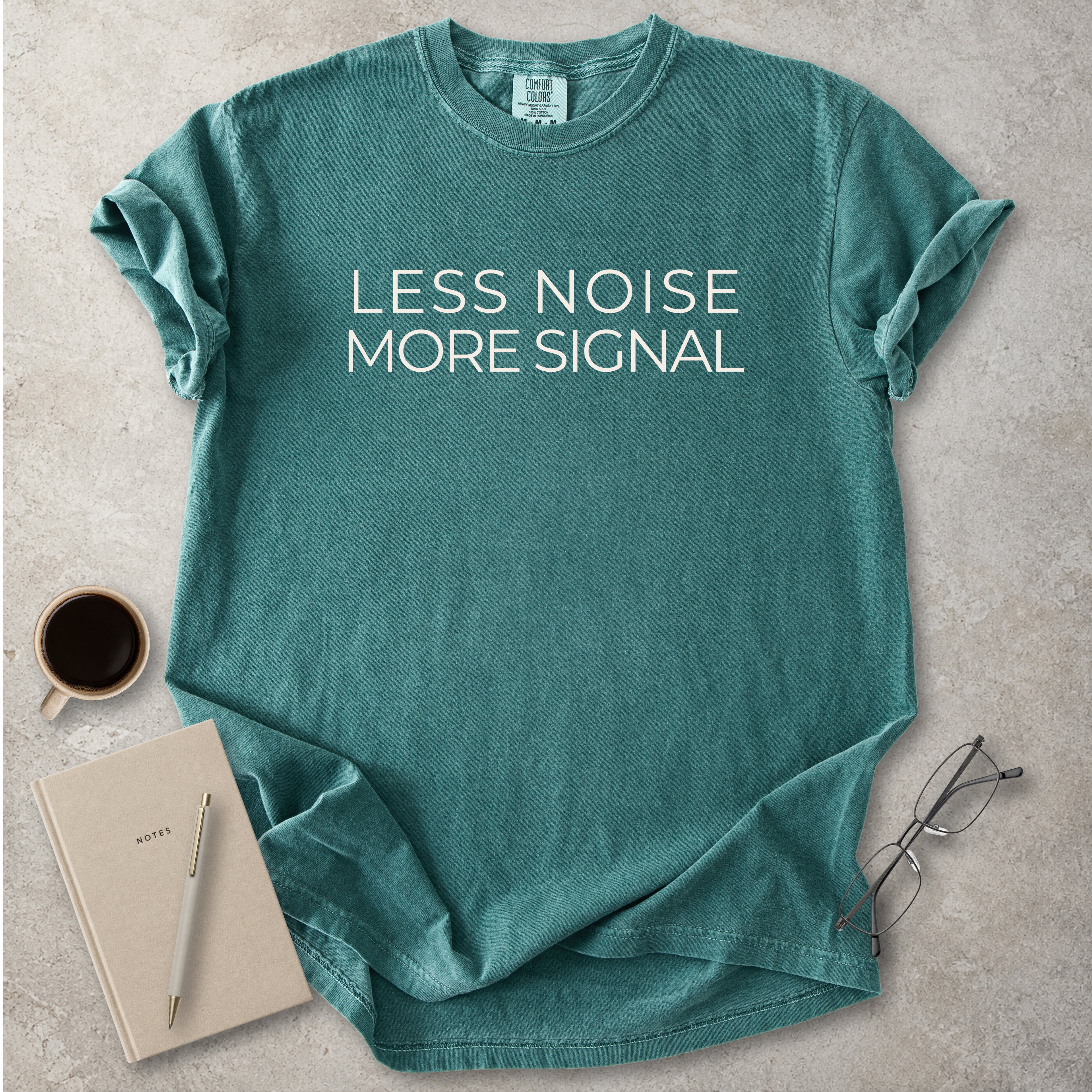 Blue spruce Comfort Colors graphic T-shirt with black text reading wyd omw brb nvm typical, styled with black boots and a black bandana
