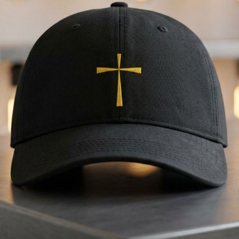 A black baseball cap with a yellow cross embroidered on the front, resting on a gray metal table next to a pair of black-framed glasses. The background features a blurred industrial shelving unit with hanging light bulbs.
