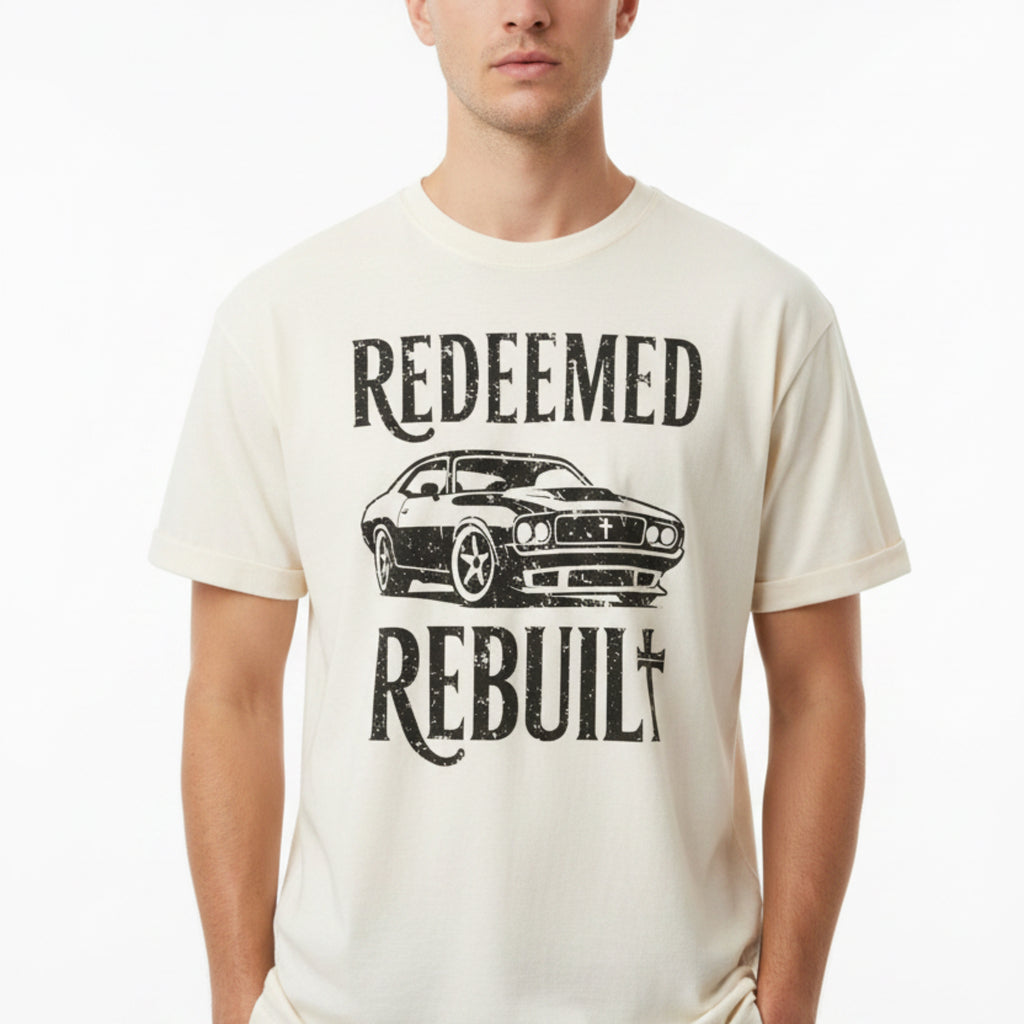 An off-white crewneck t-shirt with a distressed black graphic of a classic muscle car and the text 'REDEEMED REBUILT', laid flat on a dark wood background.