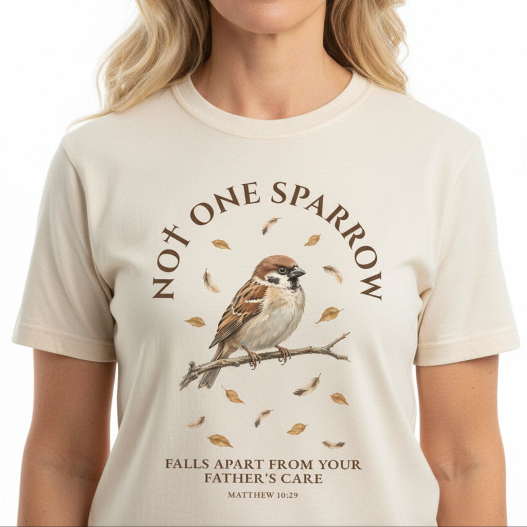 An off-white short-sleeve t-shirt with a brown and brown-gray sparrow graphic on the chest, surrounded by the text 'NOT ONE SPARROW' and 'FALLS APART FROM YOUR FATHER'S CARE MATTHEW 18:29', laid flat on a dark wood background.