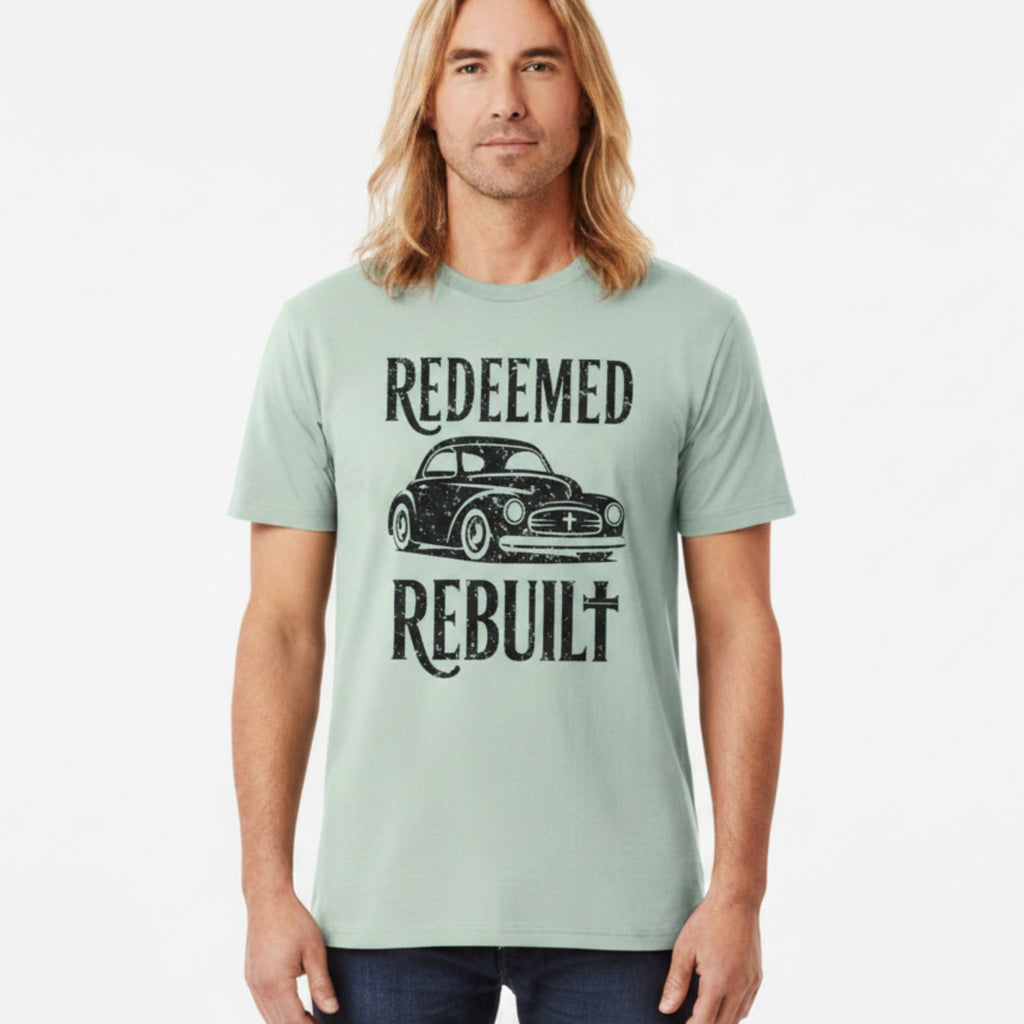 A light mint green graphic t-shirt laid flat on a rustic wooden background. The shirt features a distressed black print of a classic car in the center, flanked by the words 'REDEEMED' above and 'REBUILT' below.