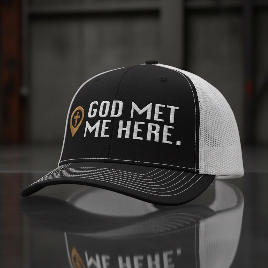 God Met Me Here Snapback Christian Trucker Cap