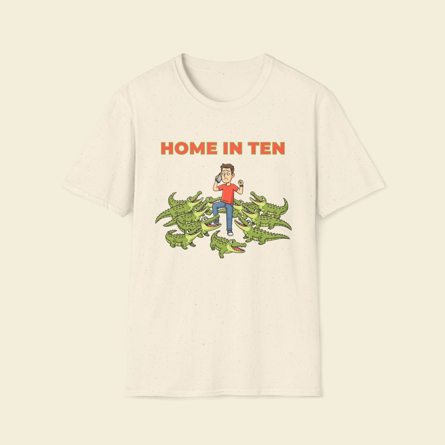 Home in Ten – Cartoon Adventure Humor Tee Natural