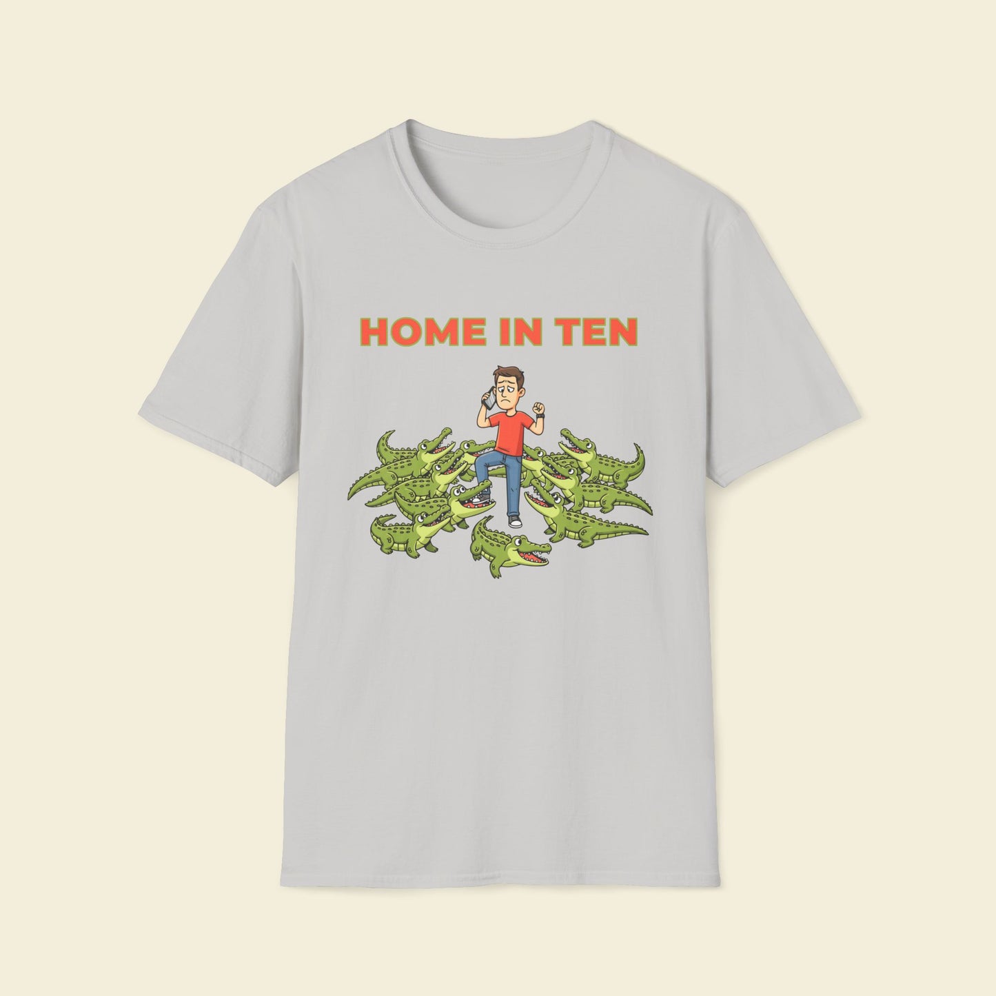 Home in Ten – Cartoon Adventure Humor Tee Ice Grey
