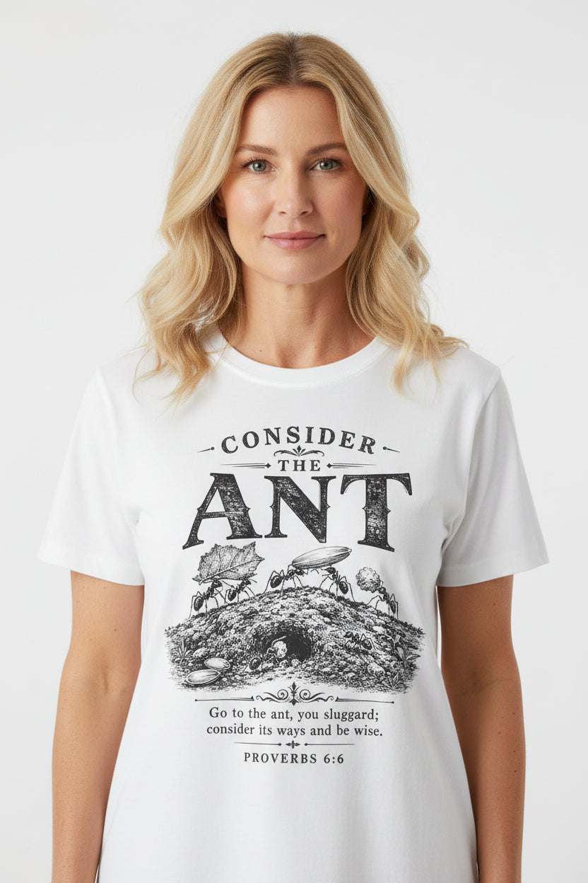 A white short-sleeve crewneck t-shirt with a black graphic print of ants and a bible verse from Proverbs 6:5, laid flat on a dark wood background.