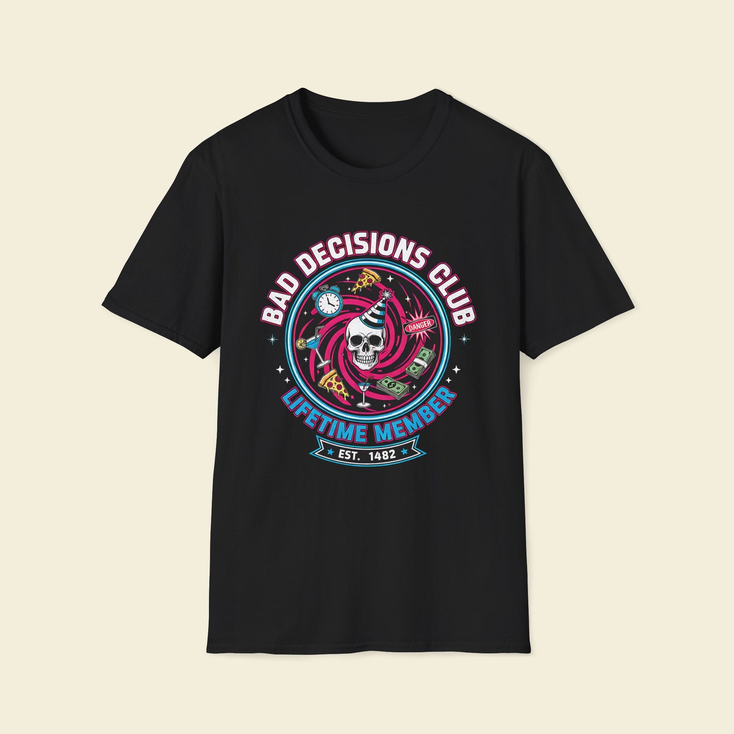 Bad Decisions Club – Retro Party Badge Tee Black