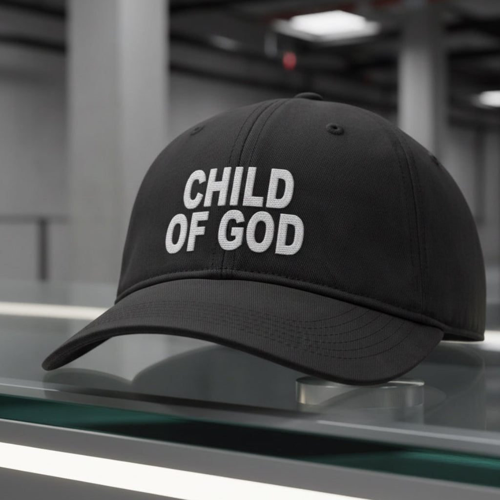 A black baseball cap with 'CHILD OF GOD' embroidered in bold white capital letters on the front, set against a textured light beige background.