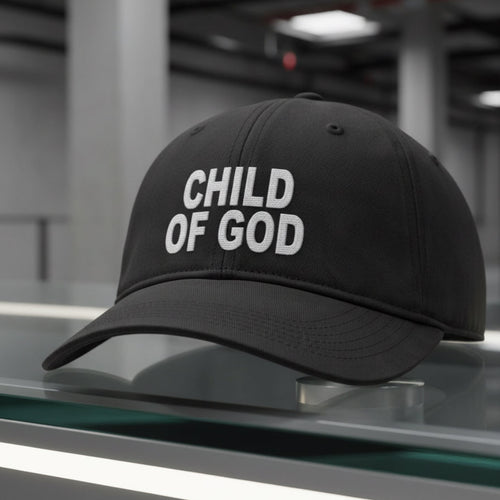 A black baseball cap with 'CHILD OF GOD' embroidered in bold white capital letters on the front, set against a textured light beige background.