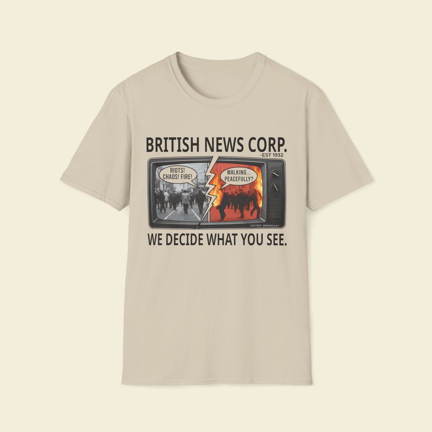 British News Corp. – Media Satire Tee Sand