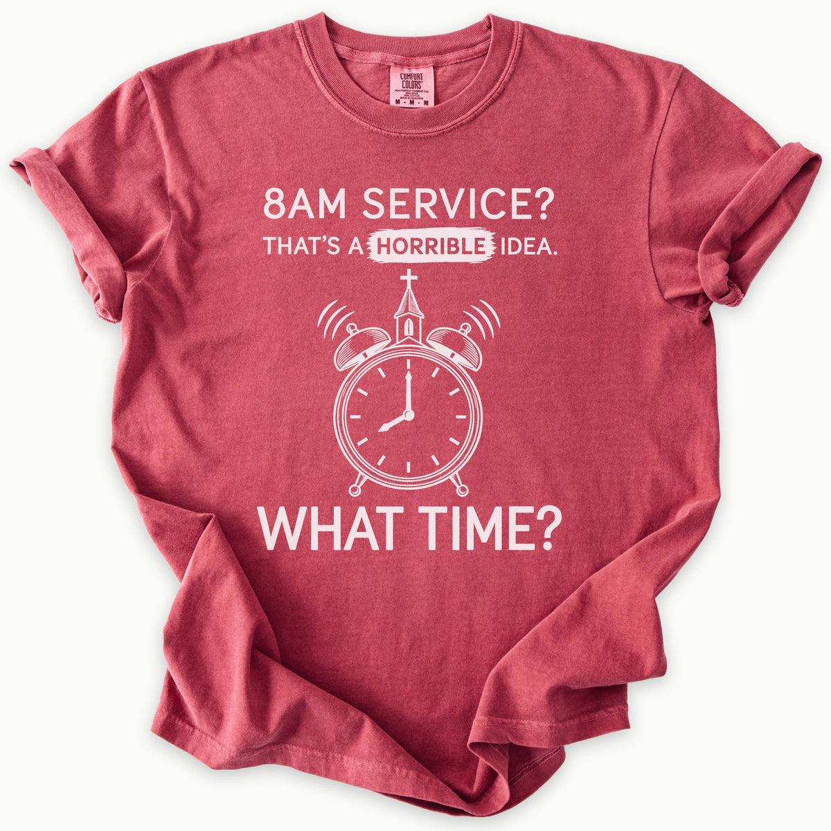 8AM Service T-Shirt in Crimson (deep red) — 8am service, funny church humor, Comfort Colors 1717 unisex christian faith tee