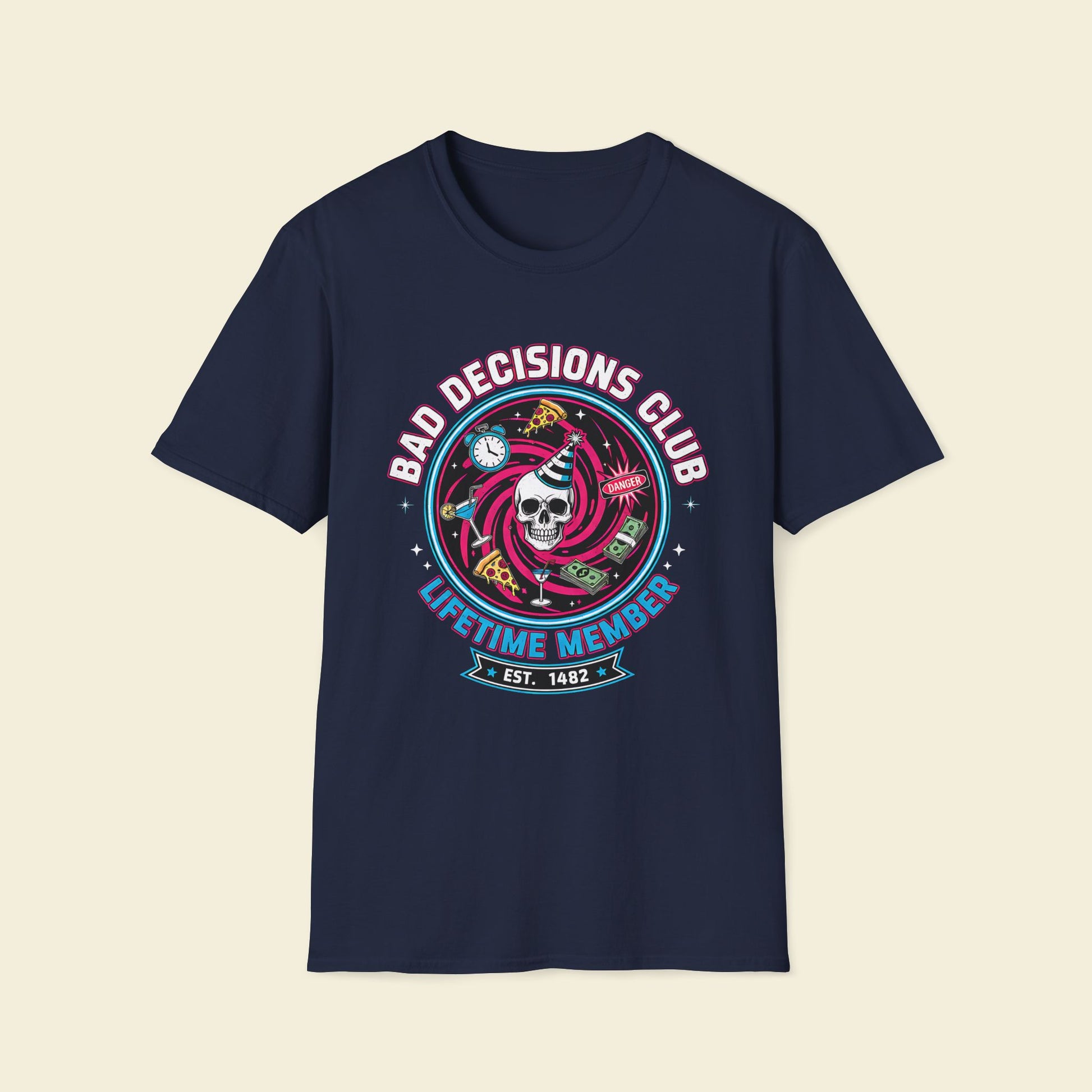 Bad Decisions Club – Retro Party Badge Tee Navy