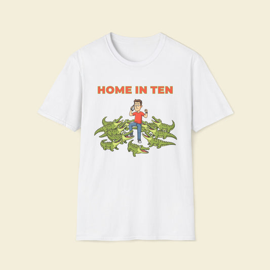 Home in Ten – Cartoon Adventure Humor Tee White