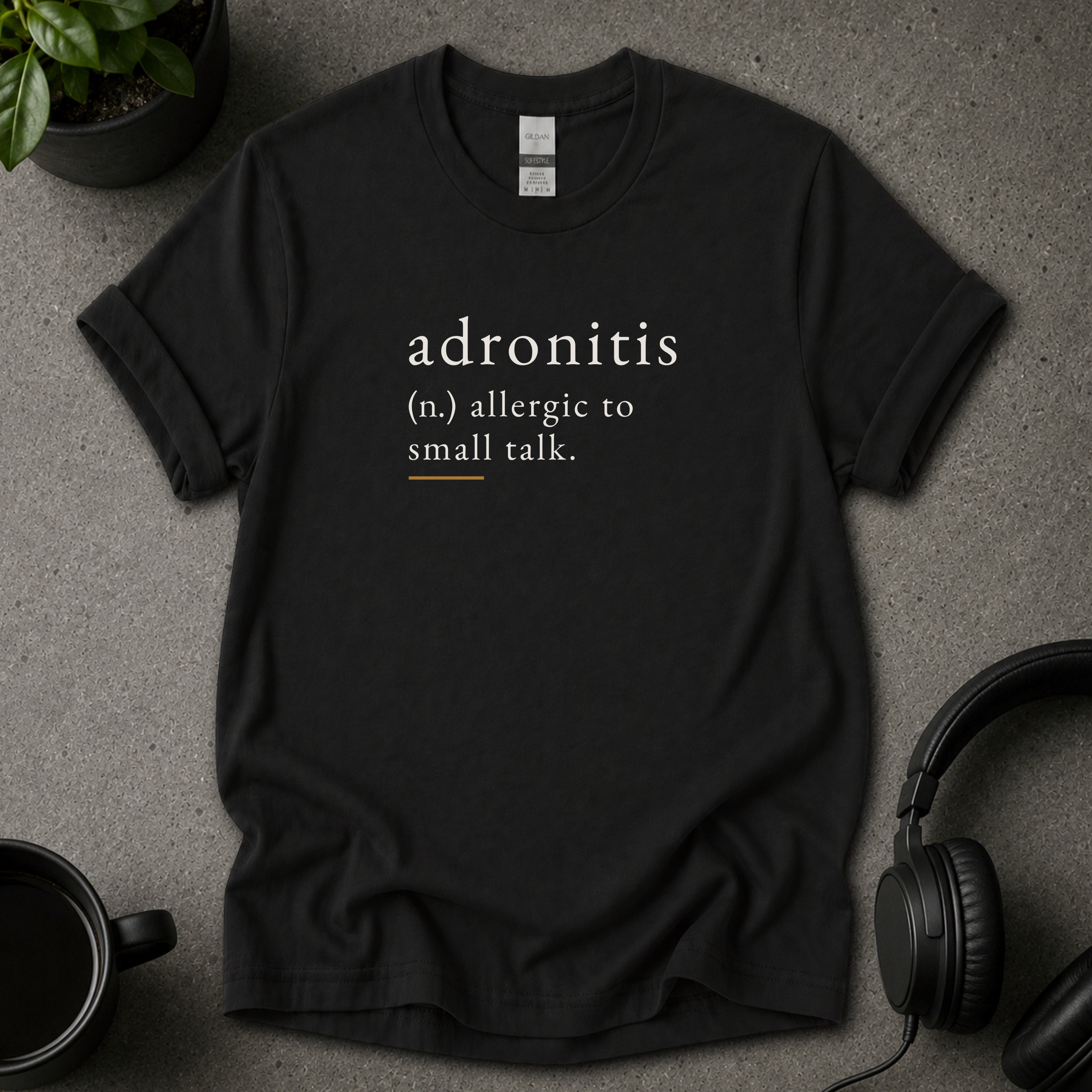 Adronitis psychology black T-shirt with dictionary-style text reading allergic to small talk