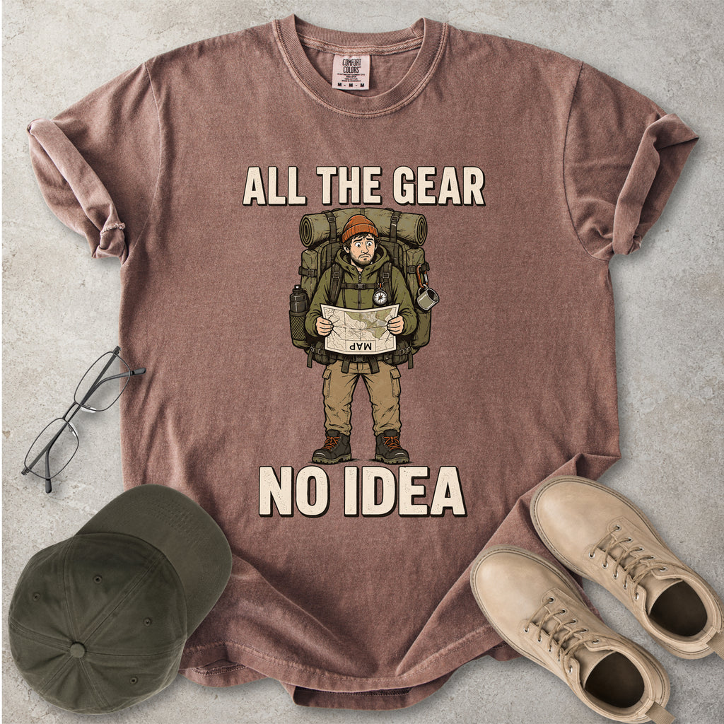 Espresso brownComfort Colors 1717 T-shirt with a funny All the Gear No Idea hiking graphic showing a confused hiker holding an upside-down map with a large backpack.