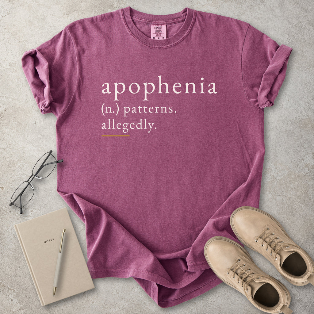 Berry red Comfort Colors graphic T-shirt with apophenia definition text reading patterns allegedly, styled with notebook, pen, glasses and tan boots