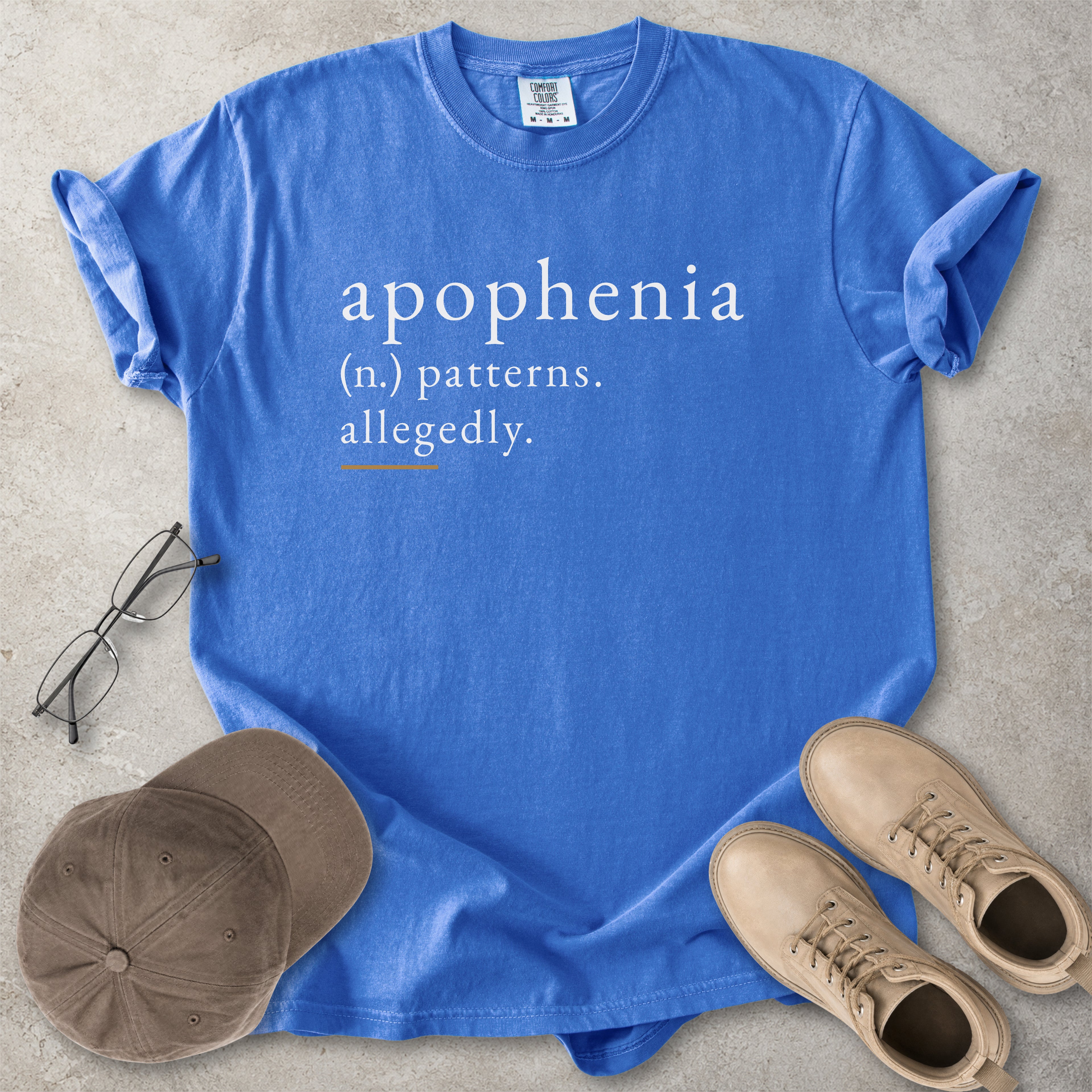 Flo blue Comfort Colors graphic T-shirt with apophenia definition text reading patterns allegedly, styled with notebook, pen, glasses and tan boots