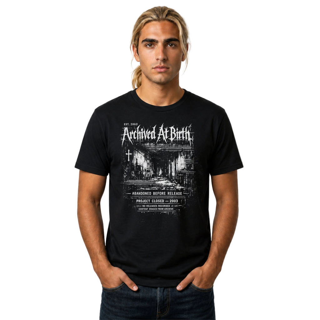 Black graphic T-shirt featuring Archived At Birth text, distressed archive layout, abandoned project wording and dark grunge design.