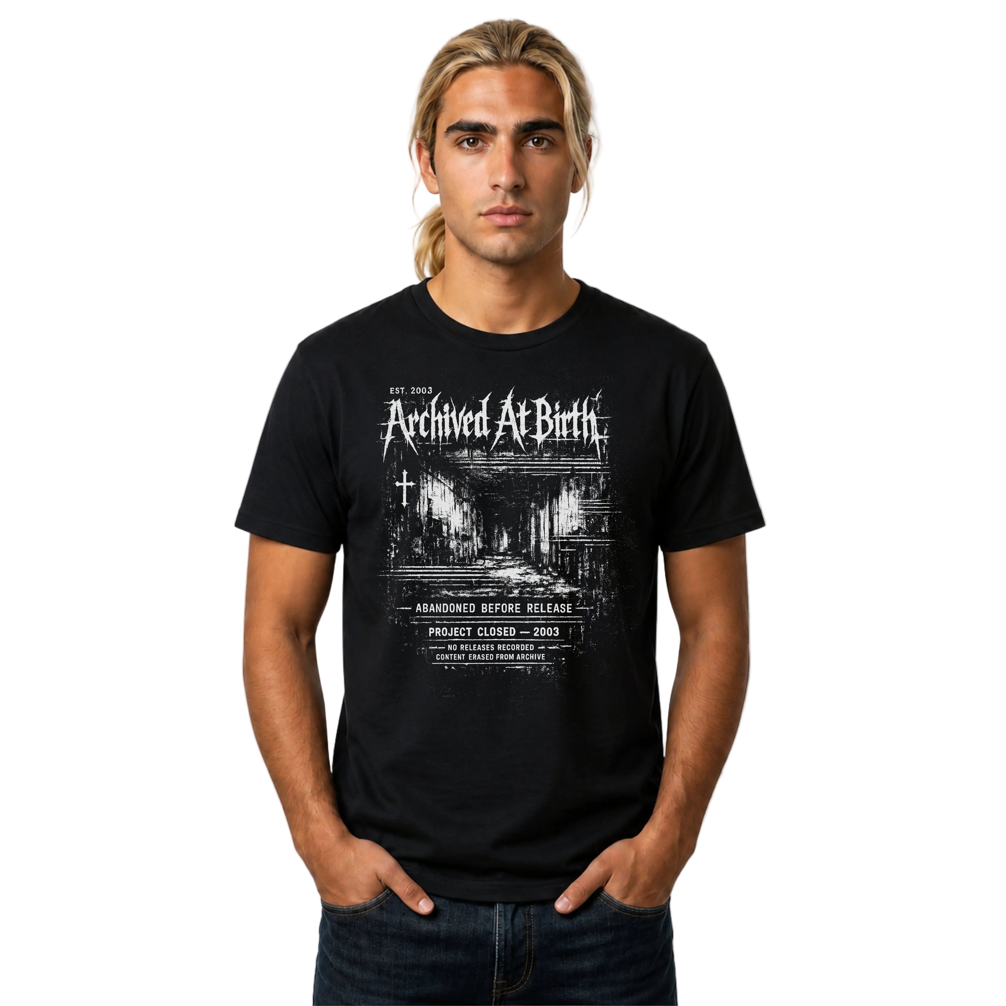Black graphic T-shirt featuring Archived At Birth text, distressed archive layout, abandoned project wording and dark grunge design.