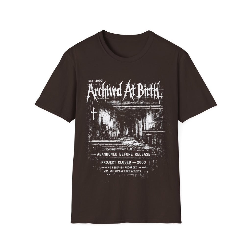 Brown graphic T-shirt featuring Archived At Birth text, distressed archive layout, abandoned project wording and dark grunge design.