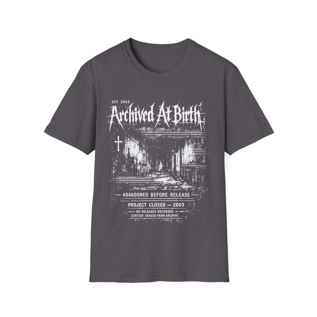 Charcoal Grey graphic T-shirt featuring Archived At Birth text, distressed archive layout, abandoned project wording and dark grunge design.