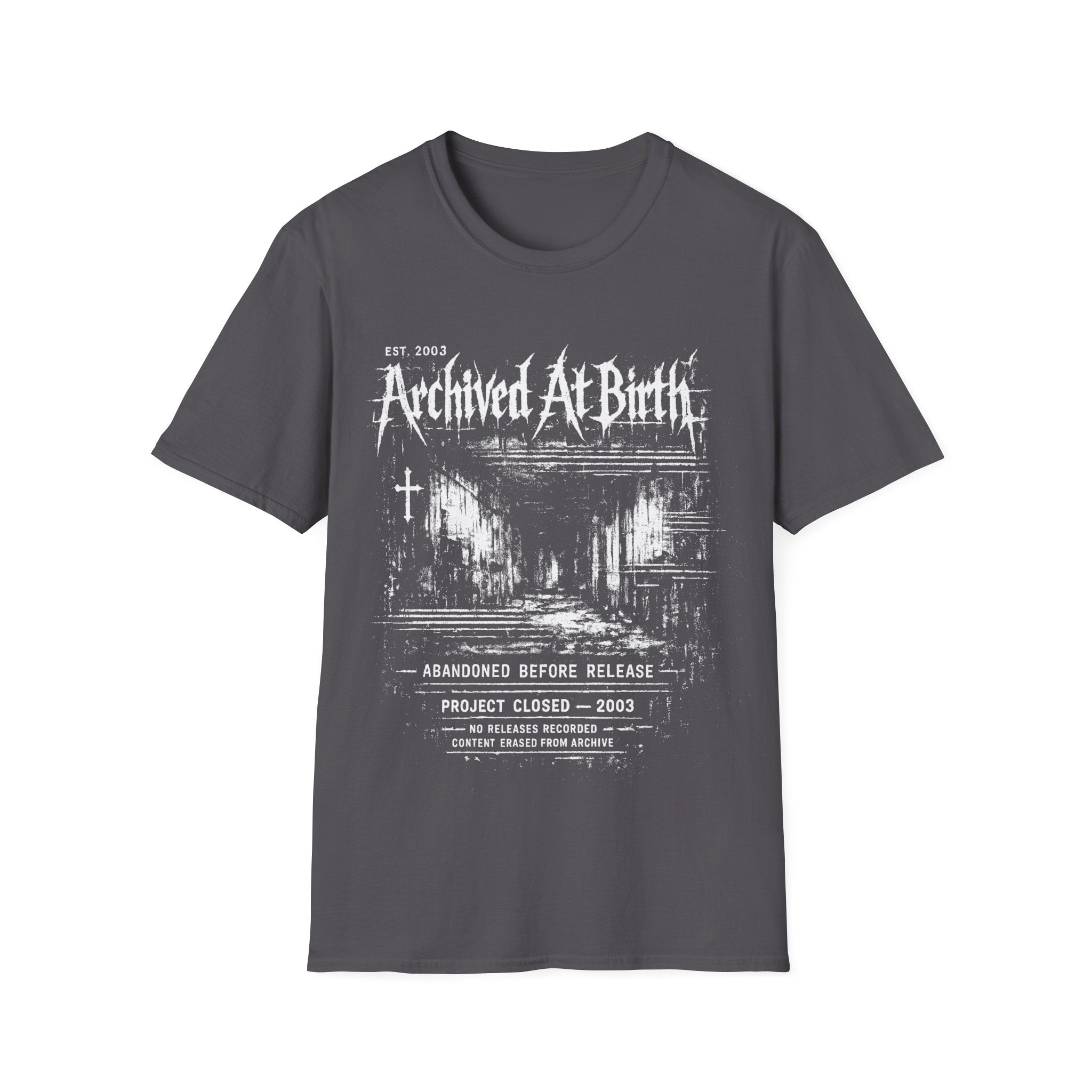Charcoal Grey graphic T-shirt featuring Archived At Birth text, distressed archive layout, abandoned project wording and dark grunge design.