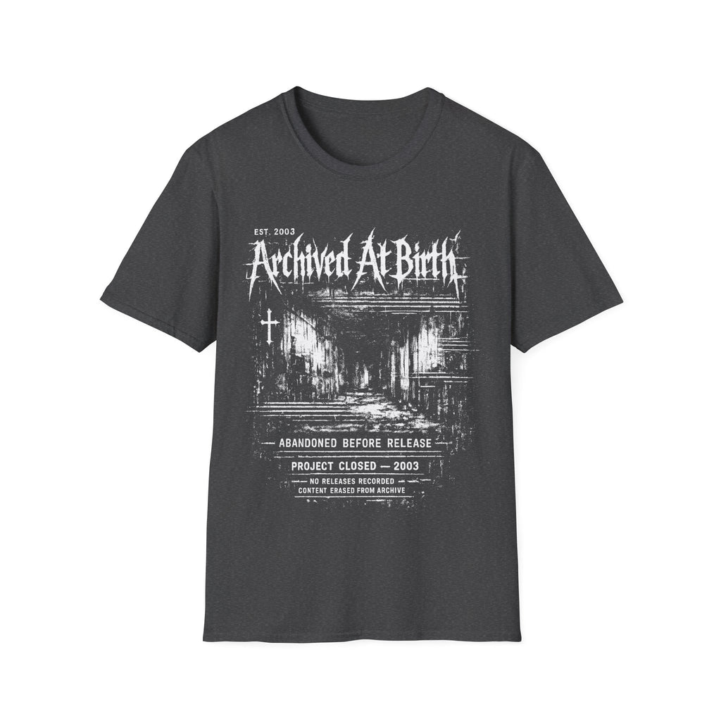 Grey graphic T-shirt featuring Archived At Birth text, distressed archive layout, abandoned project wording and dark grunge design.