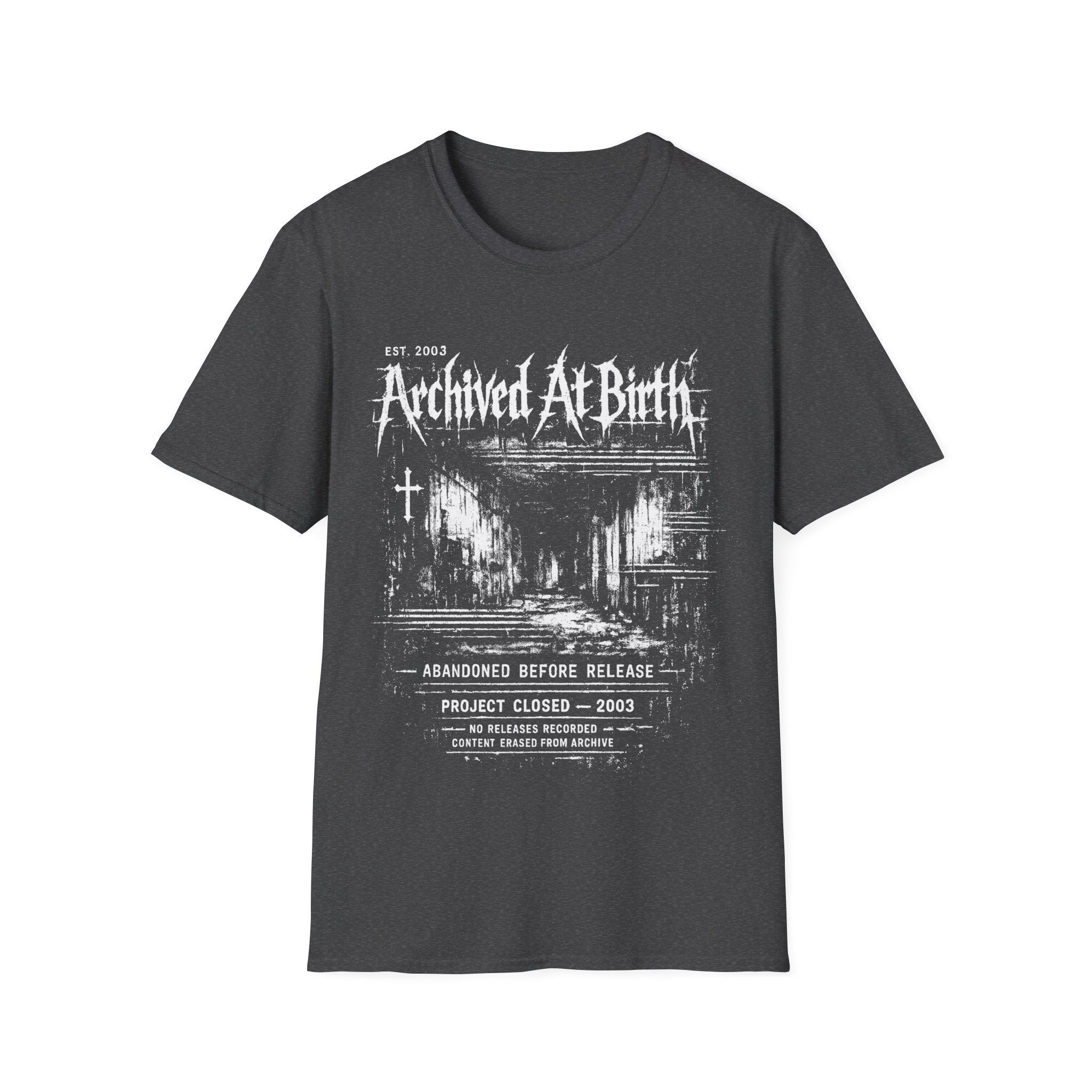 Grey graphic T-shirt featuring Archived At Birth text, distressed archive layout, abandoned project wording and dark grunge design.