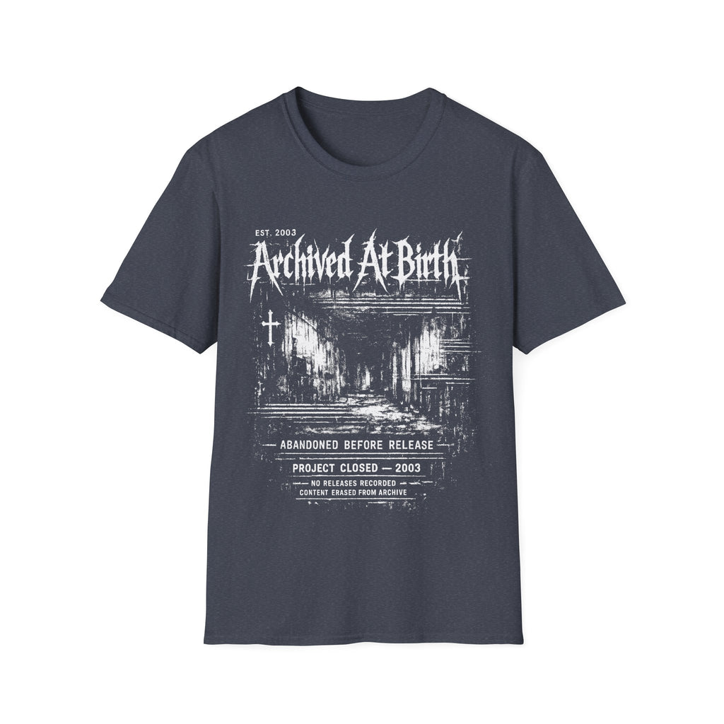 Heather Navy graphic T-shirt featuring Archived At Birth text, distressed archive layout, abandoned project wording and dark grunge design.
