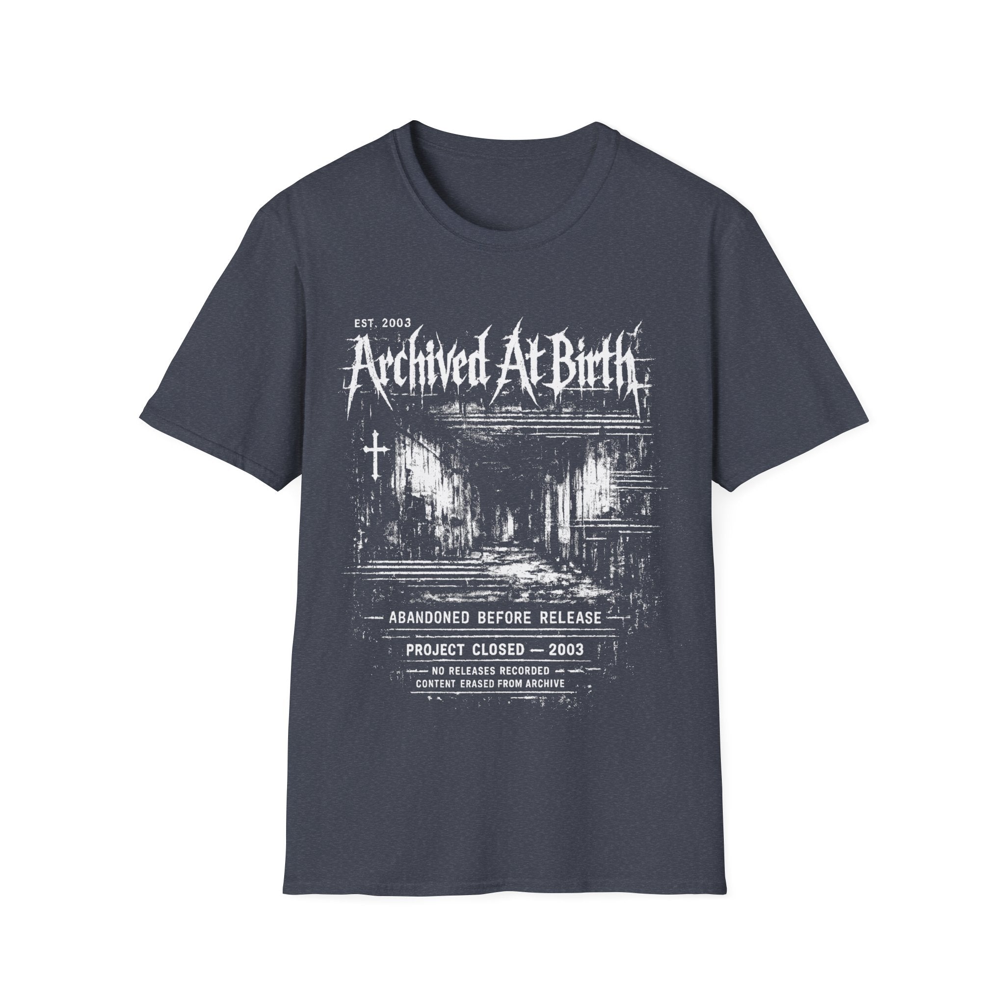 Heather Navy graphic T-shirt featuring Archived At Birth text, distressed archive layout, abandoned project wording and dark grunge design.