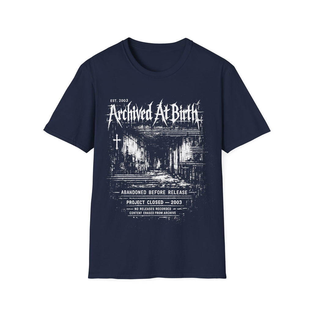 Navy Blue graphic T-shirt featuring Archived At Birth text, distressed archive layout, abandoned project wording and dark grunge design.