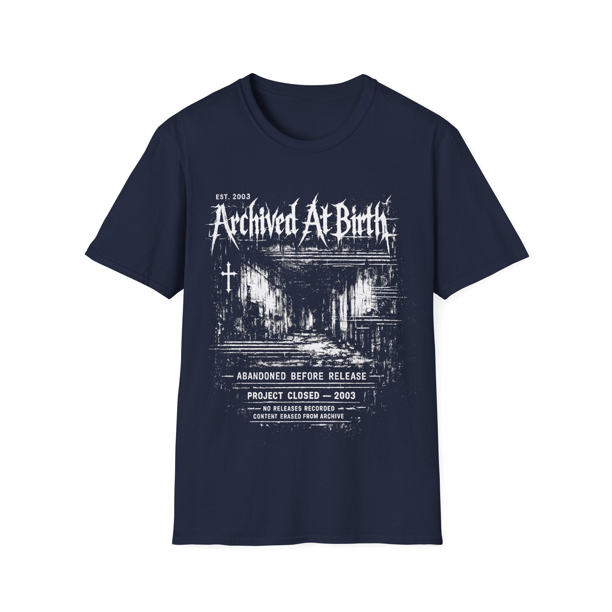 Navy Blue graphic T-shirt featuring Archived At Birth text, distressed archive layout, abandoned project wording and dark grunge design.