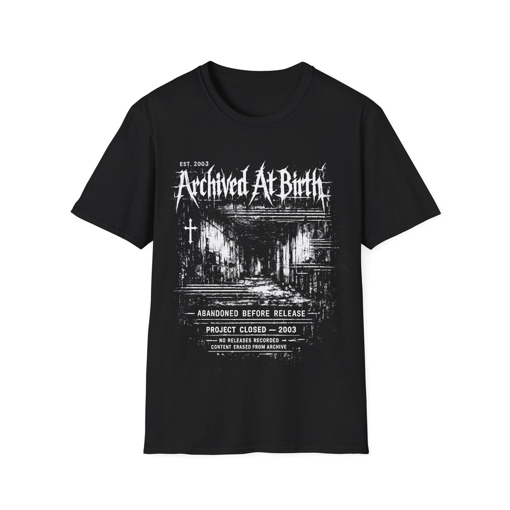 Black Gildan 64000 T-shirt with Archived At Birth distressed monochrome graphic, abandoned project text and archive-style artwork.