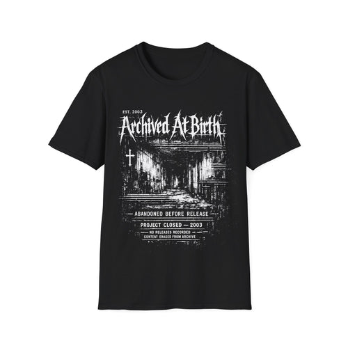 Black Gildan 64000 T-shirt with Archived At Birth distressed monochrome graphic, abandoned project text and archive-style artwork.