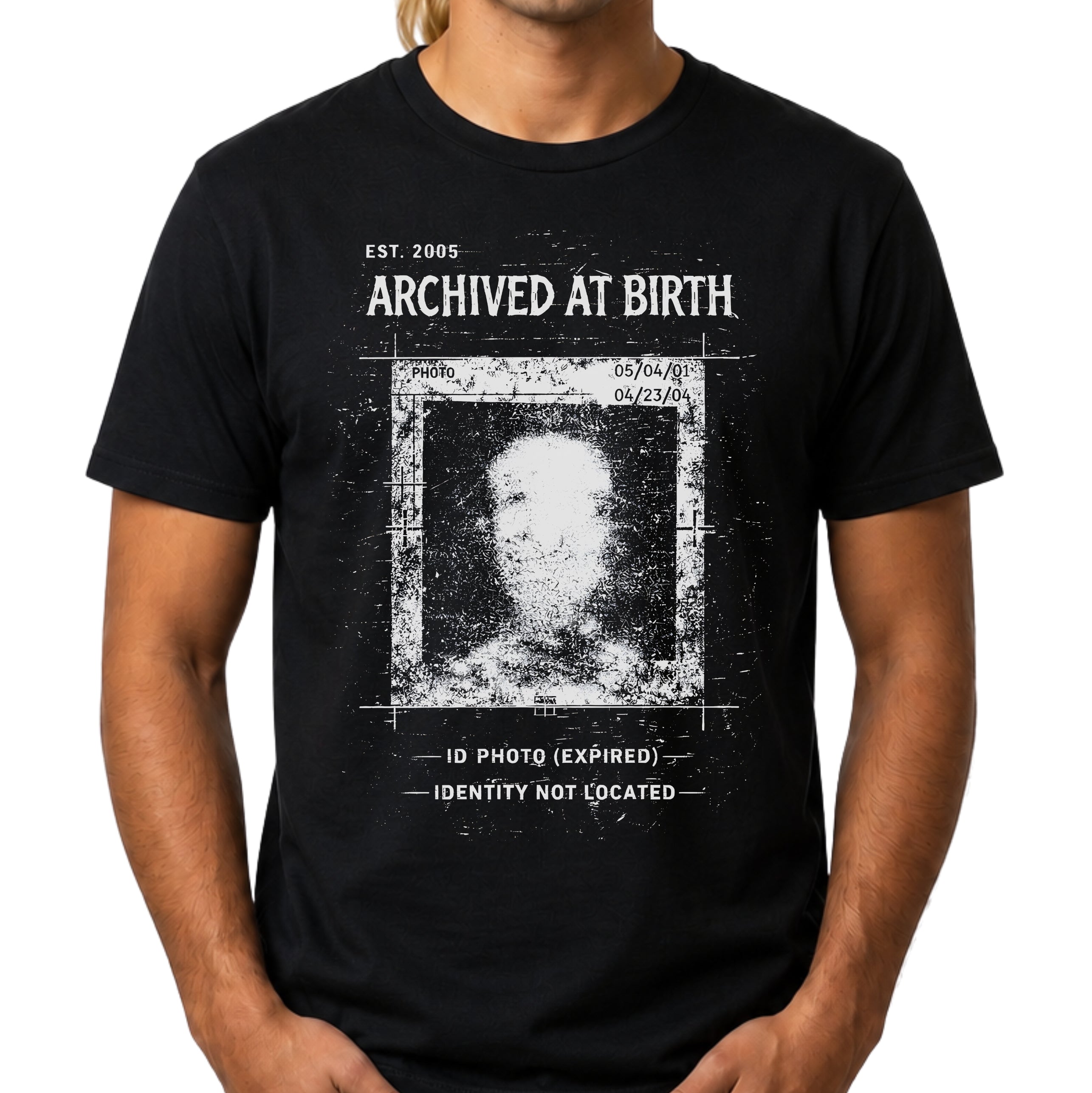 Black t-shirt with graphic design and text 'Archived at Birth' worn by a person.