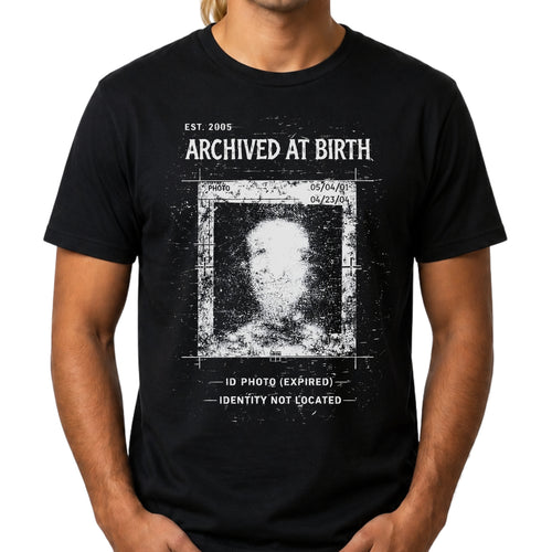 Black t-shirt with graphic design and text 'Archived at Birth' worn by a person.