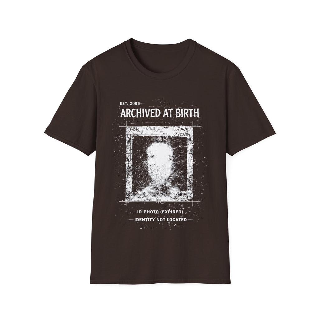 Brown graphic T-shirt featuring Archived At Birth text, corrupted ID photo artwork, distressed archive texture and dark grunge design.
