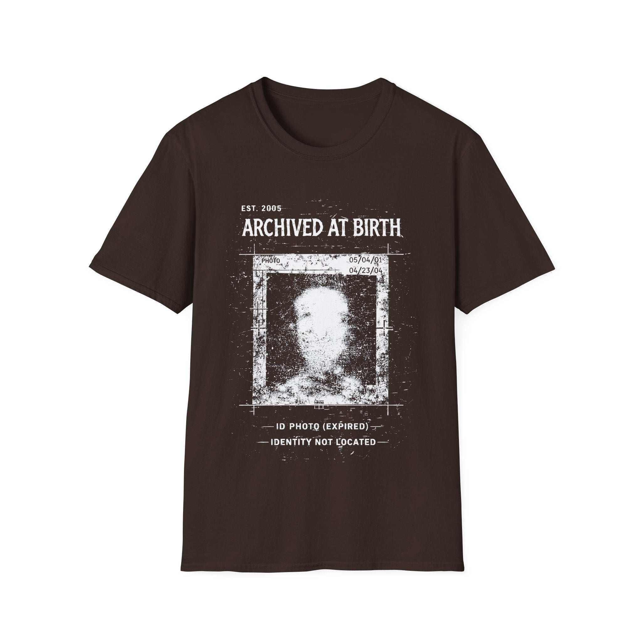 Brown graphic T-shirt featuring Archived At Birth text, corrupted ID photo artwork, distressed archive texture and dark grunge design.