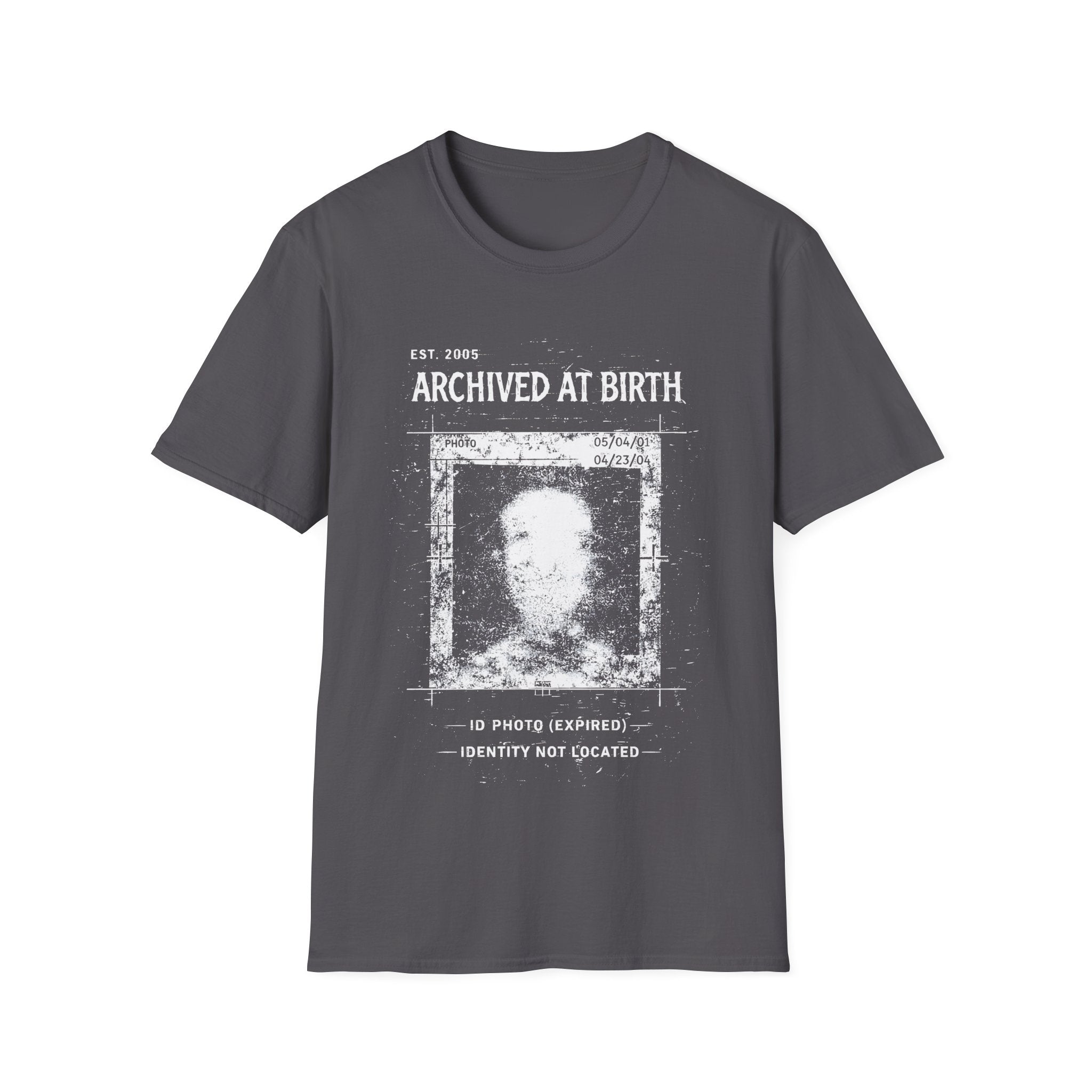 Charcoal Grey graphic T-shirt featuring Archived At Birth text, corrupted ID photo artwork, distressed archive texture and dark grunge design.