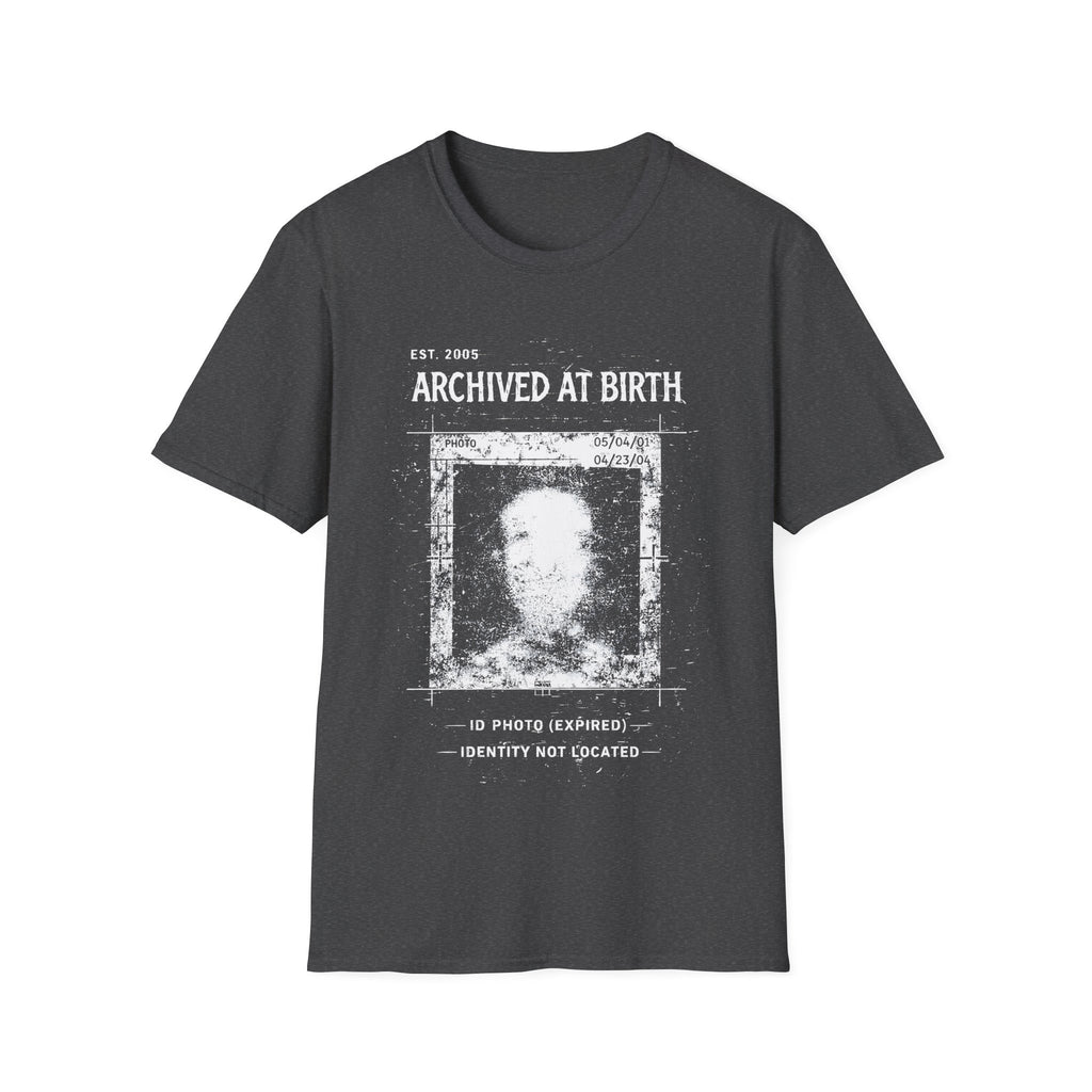 Dark Grey graphic T-shirt featuring Archived At Birth text, corrupted ID photo artwork, distressed archive texture and dark grunge design.