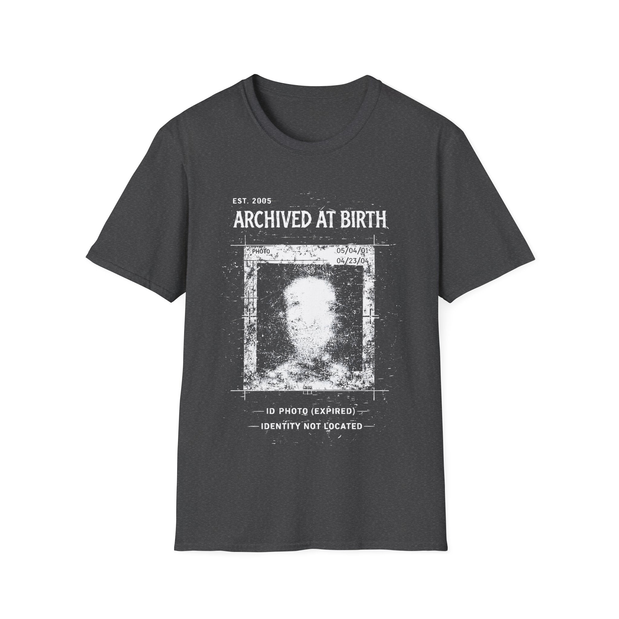 Dark Grey graphic T-shirt featuring Archived At Birth text, corrupted ID photo artwork, distressed archive texture and dark grunge design.