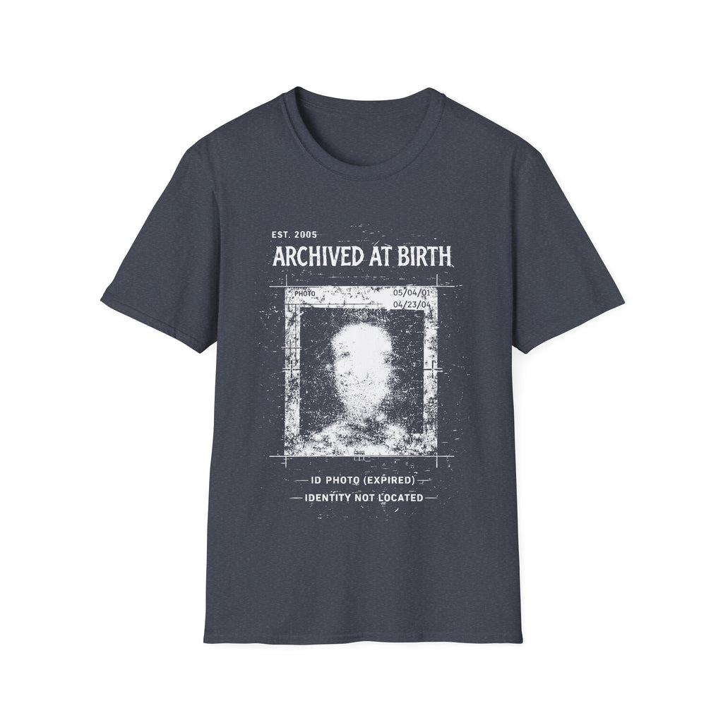 Heather Navy graphic T-shirt featuring Archived At Birth text, corrupted ID photo artwork, distressed archive texture and dark grunge design.