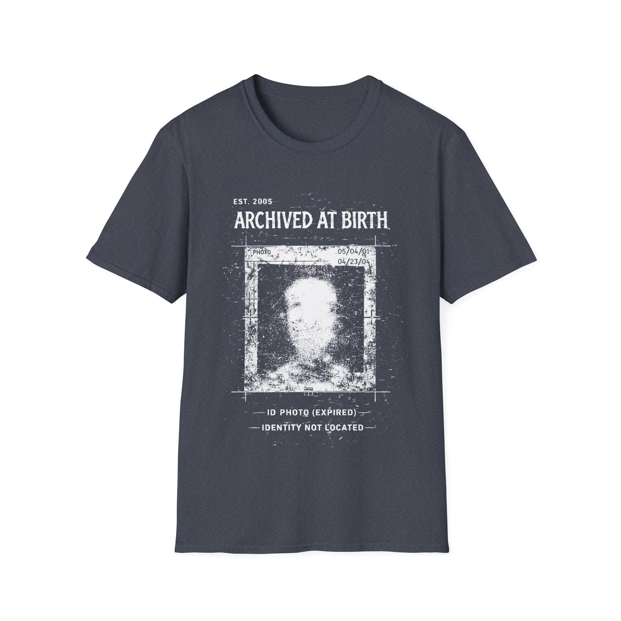 Heather Navy graphic T-shirt featuring Archived At Birth text, corrupted ID photo artwork, distressed archive texture and dark grunge design.