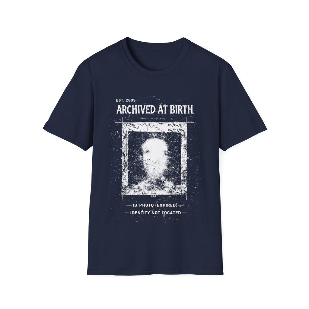 Navy Blue graphic T-shirt featuring Archived At Birth text, corrupted ID photo artwork, distressed archive texture and dark grunge design.