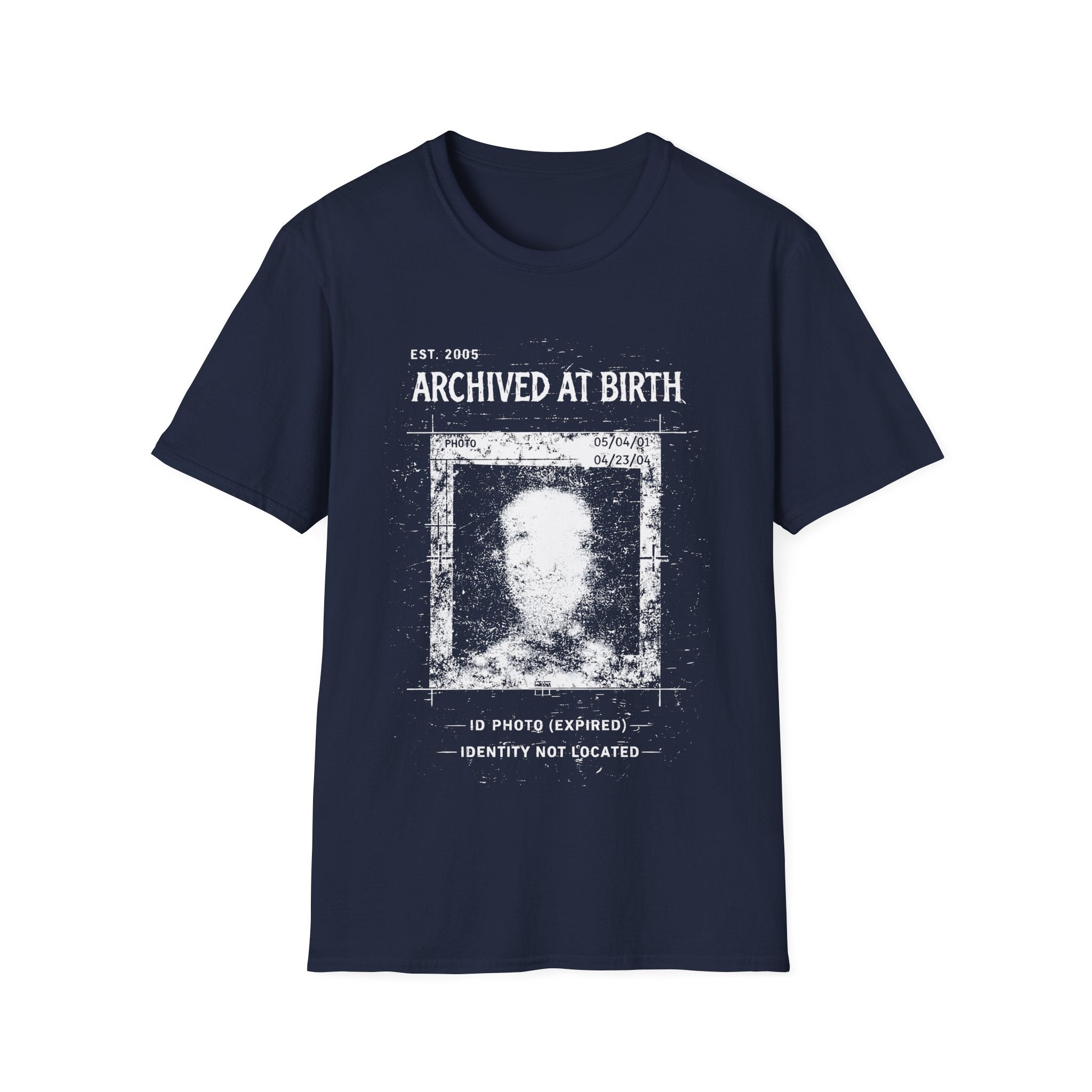 Navy Blue graphic T-shirt featuring Archived At Birth text, corrupted ID photo artwork, distressed archive texture and dark grunge design.